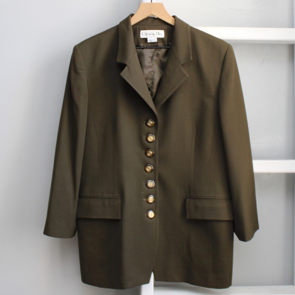 Christian Dior Vintage 90's Women's Green 7 Button Blazer Skirt Set - Picture 1 of 9